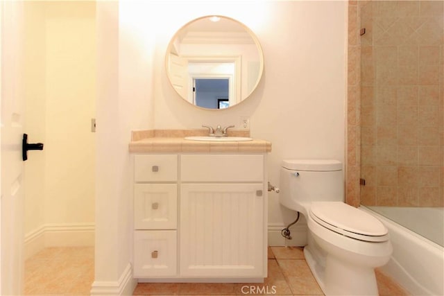 full bathroom with combined bath / shower with glass door, vanity, tile patterned flooring, and toilet