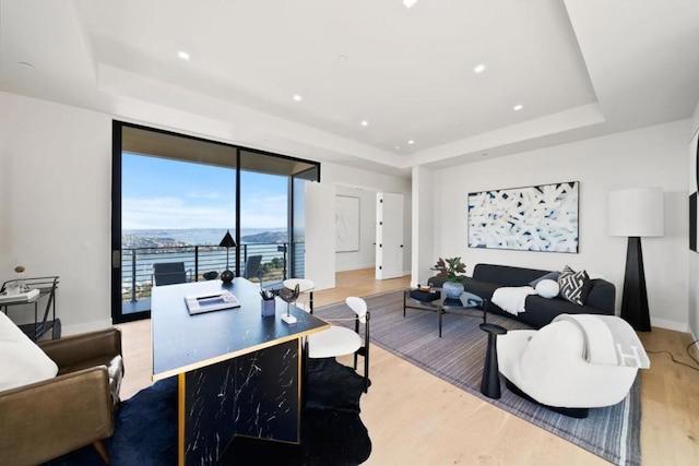 living room featuring a water view, a raised ceiling, and light wood-type flooring