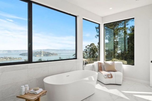 bathroom featuring a water and mountain view, a bath, and tile walls