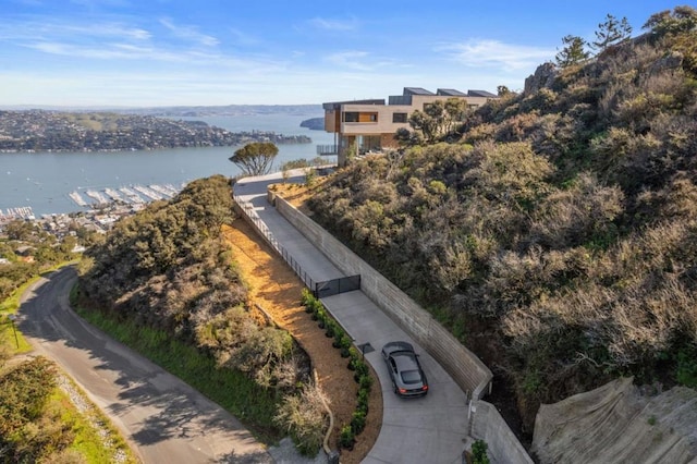 aerial view featuring a water view