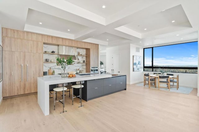 kitchen with a large island, a kitchen breakfast bar, light hardwood / wood-style floors, and gray cabinetry