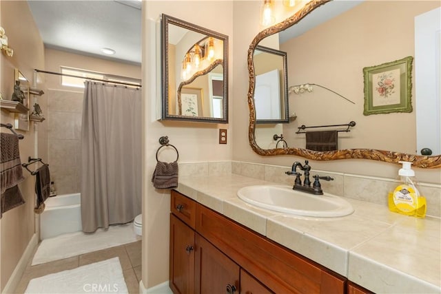 full bathroom featuring vanity, tile patterned flooring, shower / bathtub combination with curtain, and toilet