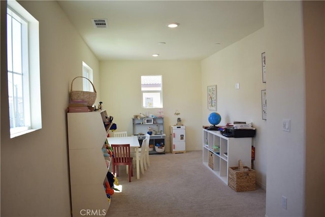 miscellaneous room featuring light carpet