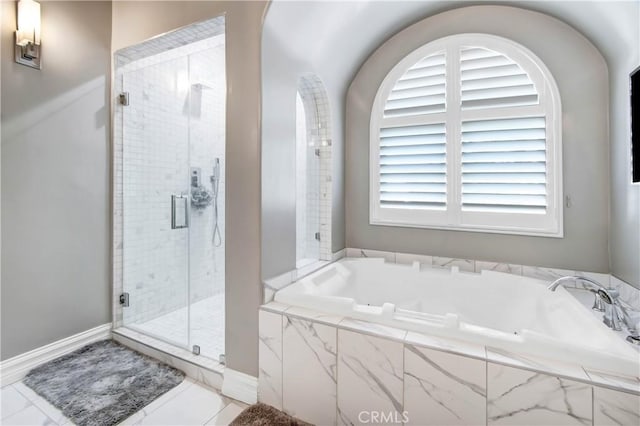 14057 Valley Vista Blvd, Sherman Oaks, CA 91423 - bathroom with a shower stall, a bath, and tile patterned flooring