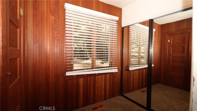 room details featuring wood walls and carpet floors