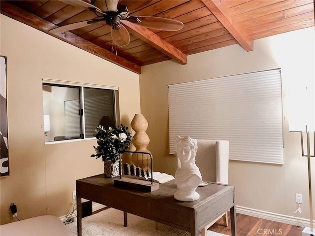 office area featuring hardwood / wood-style flooring, lofted ceiling with beams, ceiling fan, and wooden ceiling