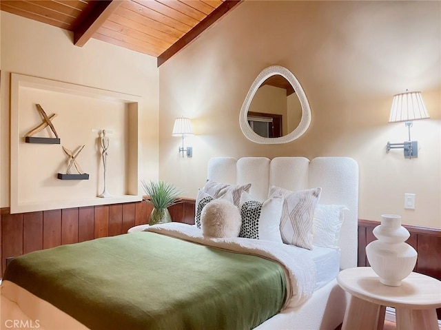 bedroom with lofted ceiling with beams and wooden ceiling