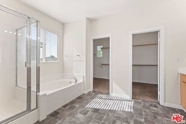 bathroom with separate shower and tub and vanity