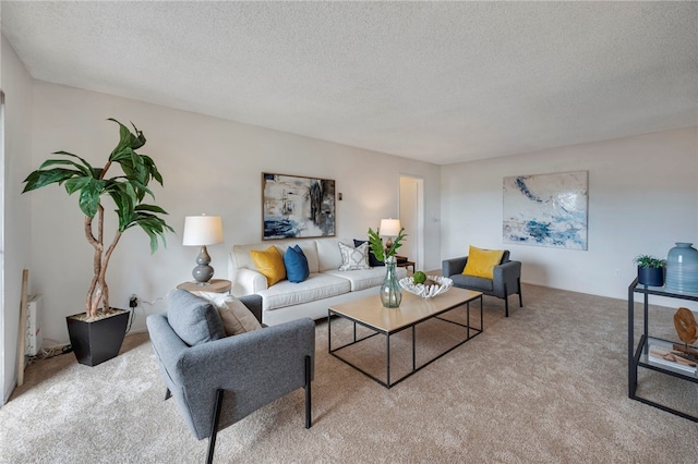 carpeted living room featuring a textured ceiling