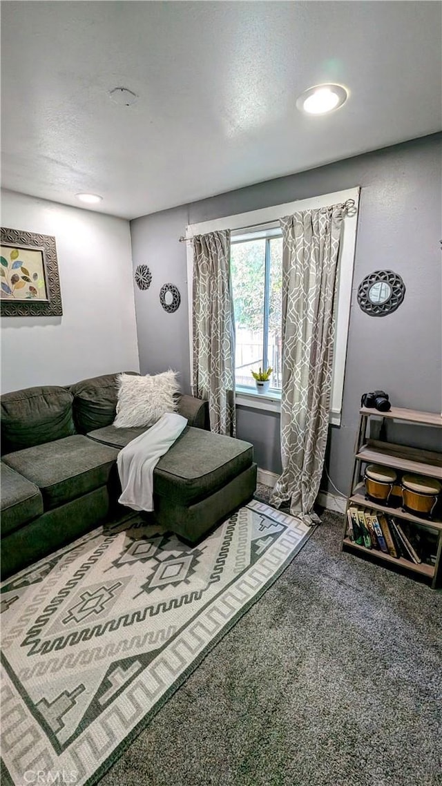 living room featuring carpet and a textured ceiling