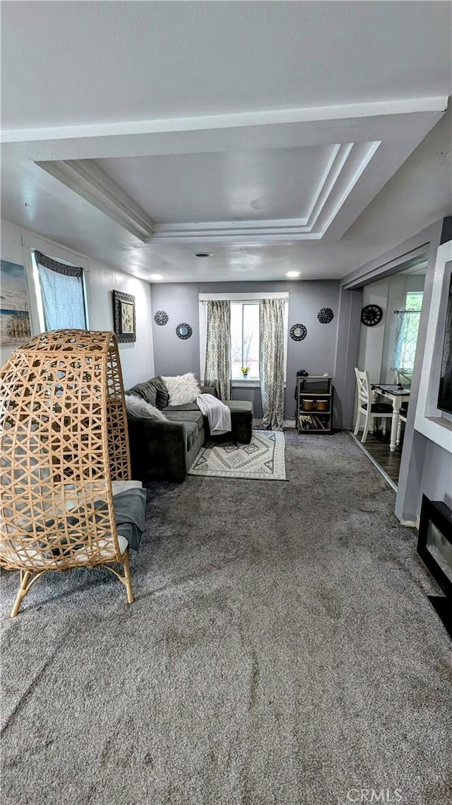 interior space featuring a raised ceiling, crown molding, and carpet floors