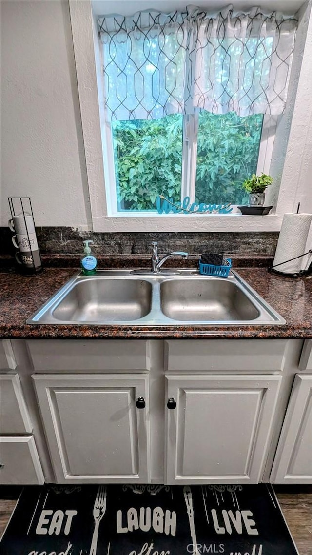 room details featuring white cabinets, dark hardwood / wood-style flooring, and sink