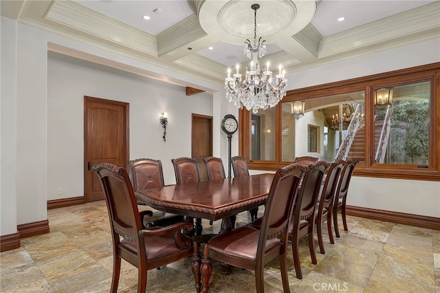 dining space featuring a chandelier, beam ceiling, coffered ceiling, and ornamental molding