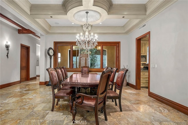 dining room with beam ceiling, ornamental molding, a notable chandelier, and coffered ceiling