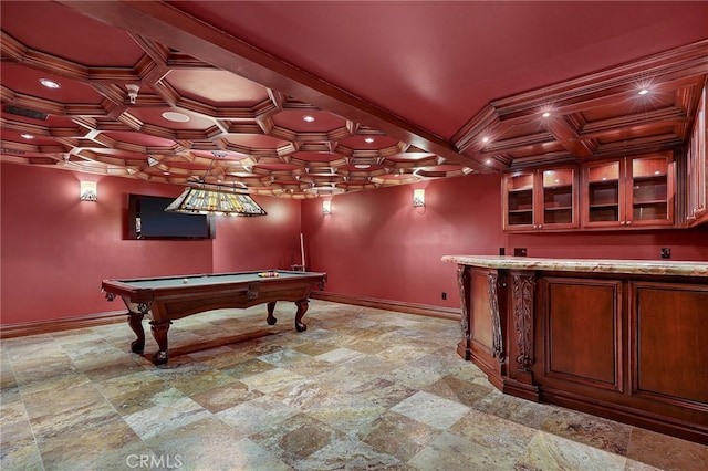 rec room featuring billiards, beamed ceiling, coffered ceiling, and ornamental molding