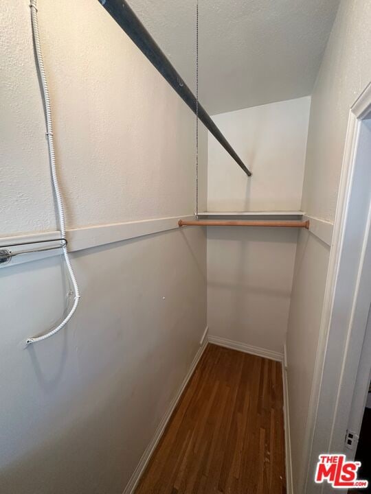 walk in closet with dark hardwood / wood-style floors