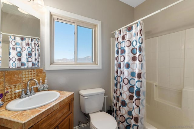 bathroom featuring walk in shower, vanity, backsplash, and toilet