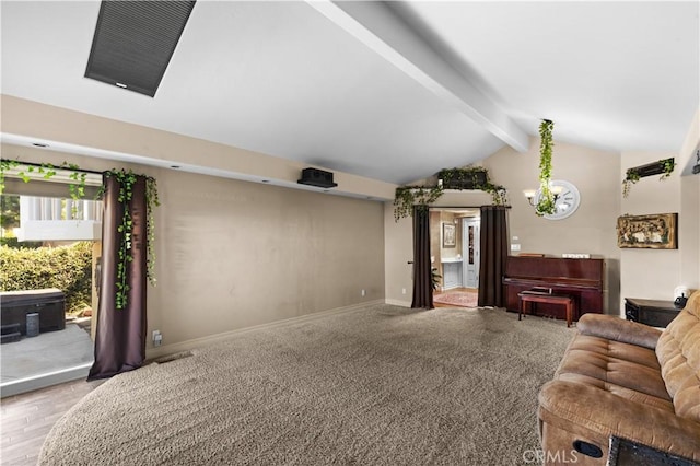 living room featuring lofted ceiling with beams