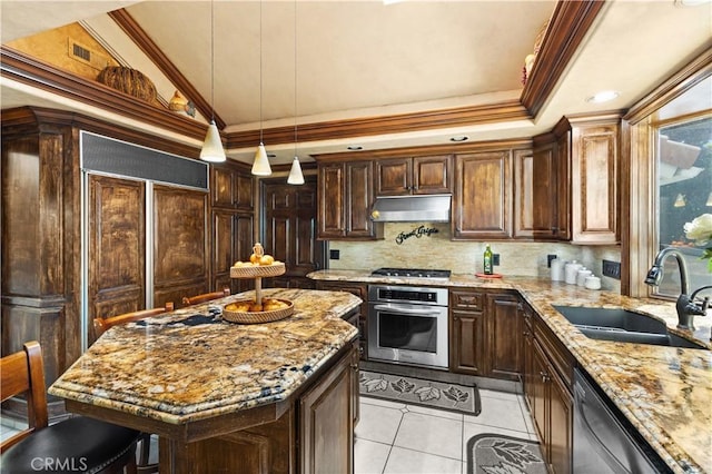 kitchen featuring appliances with stainless steel finishes, sink, backsplash, light stone counters, and light tile patterned floors