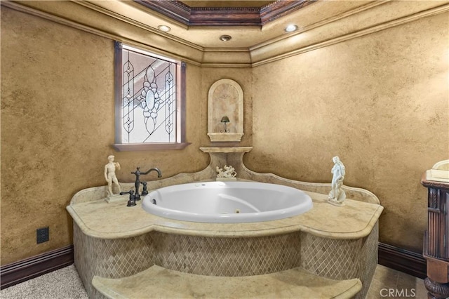 bathroom featuring tiled bath and ornamental molding