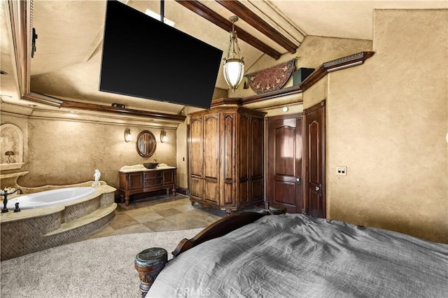 bedroom featuring ornamental molding and lofted ceiling