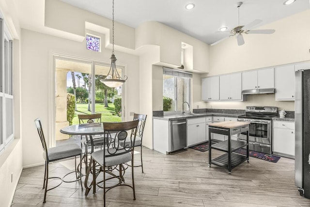 kitchen featuring ceiling fan, white cabinetry, stainless steel appliances, and a wealth of natural light