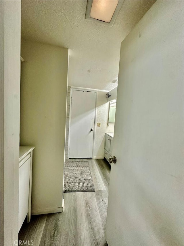 bathroom featuring vanity, a textured ceiling, and hardwood / wood-style flooring