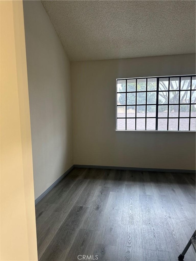 spare room featuring baseboards, a textured ceiling, wood finished floors, and a healthy amount of sunlight