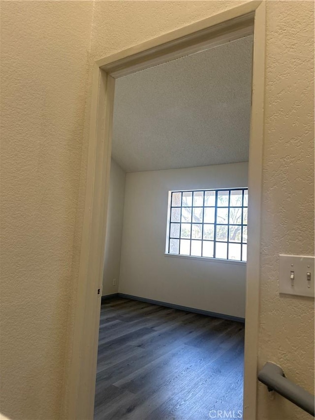 spare room with baseboards, dark wood finished floors, a textured wall, lofted ceiling, and a textured ceiling