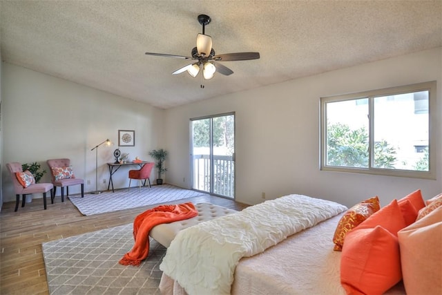 bedroom featuring ceiling fan, a textured ceiling, access to outside, and multiple windows