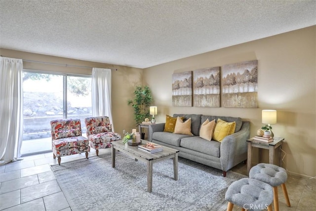 tiled living room with a textured ceiling