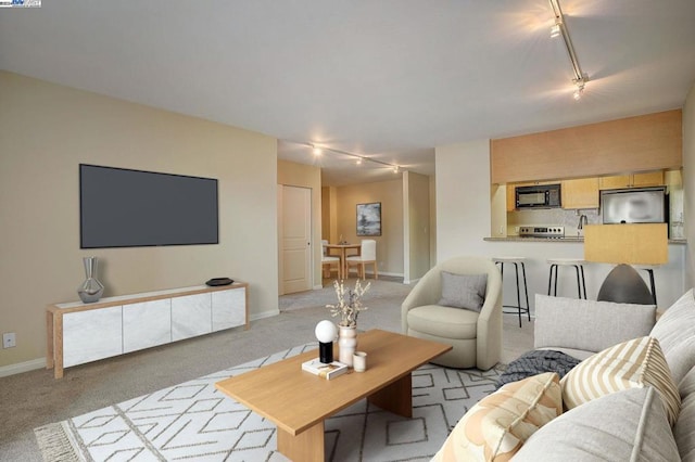 carpeted living room featuring rail lighting and sink