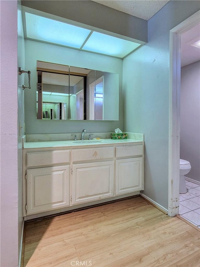 bathroom featuring vanity, toilet, and wood-type flooring