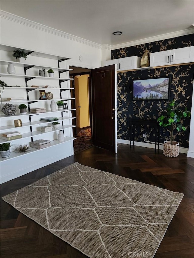 interior space with parquet flooring and ornamental molding