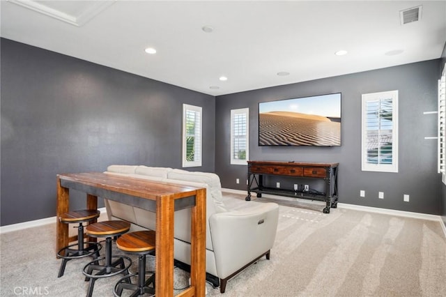 cinema room with light colored carpet