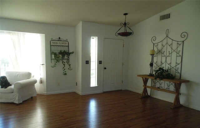 entrance foyer with lofted ceiling and dark hardwood / wood-style flooring