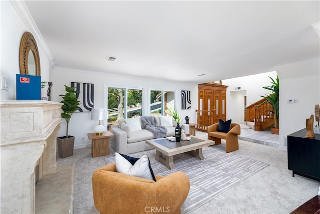 carpeted living room with crown molding