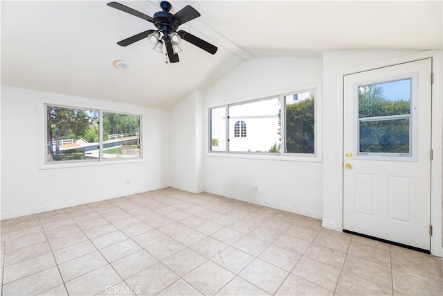 tiled spare room with vaulted ceiling with beams and ceiling fan