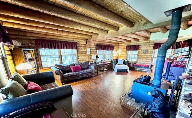 living room with beamed ceiling, a wood stove, wooden ceiling, wood-type flooring, and rustic walls