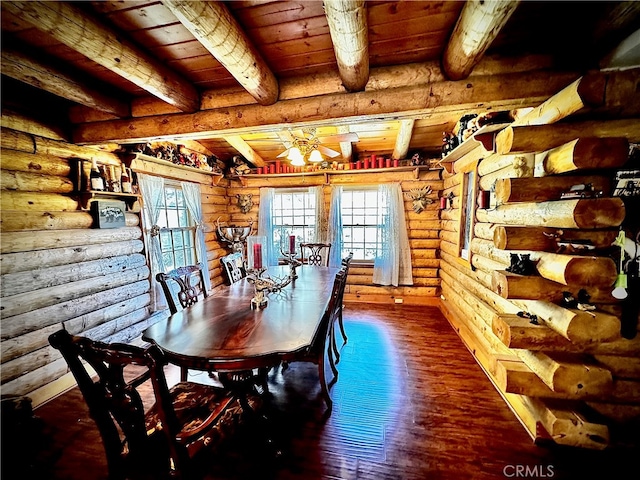 dining space with wooden ceiling, dark hardwood / wood-style flooring, rustic walls, and plenty of natural light