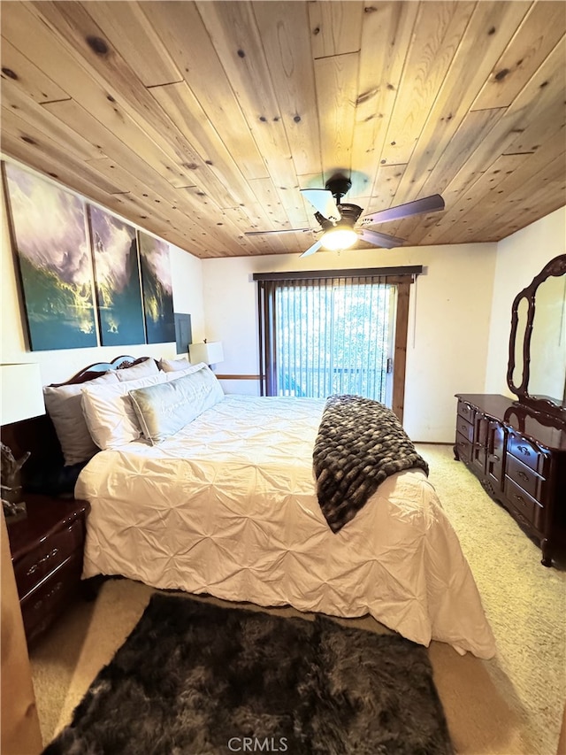 bedroom featuring carpet, ceiling fan, and wooden ceiling