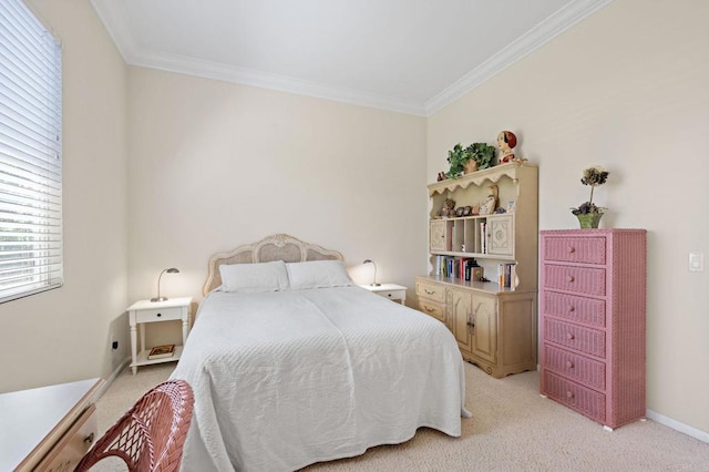 bedroom with baseboards, ornamental molding, and light colored carpet