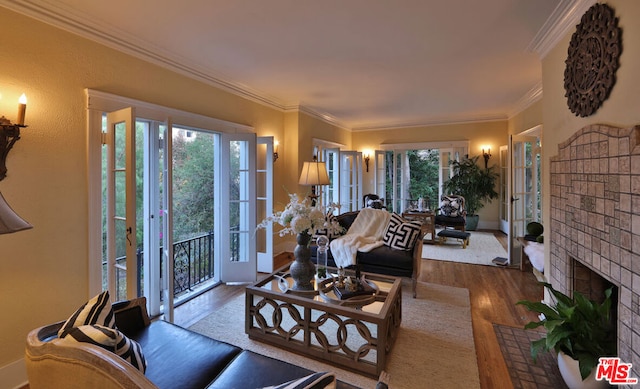 living room featuring a fireplace, french doors, dark hardwood / wood-style floors, and ornamental molding