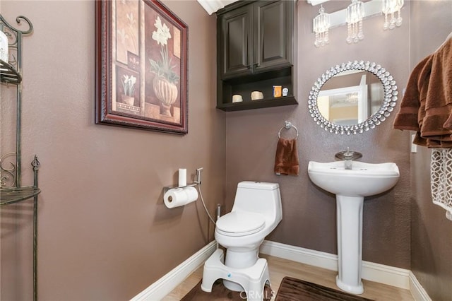 bathroom featuring wood-type flooring and toilet