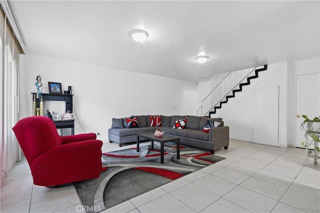 living room with light tile patterned flooring