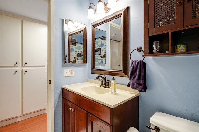 bathroom featuring vanity, toilet, and wood-type flooring