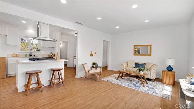 living room with light hardwood / wood-style floors and sink