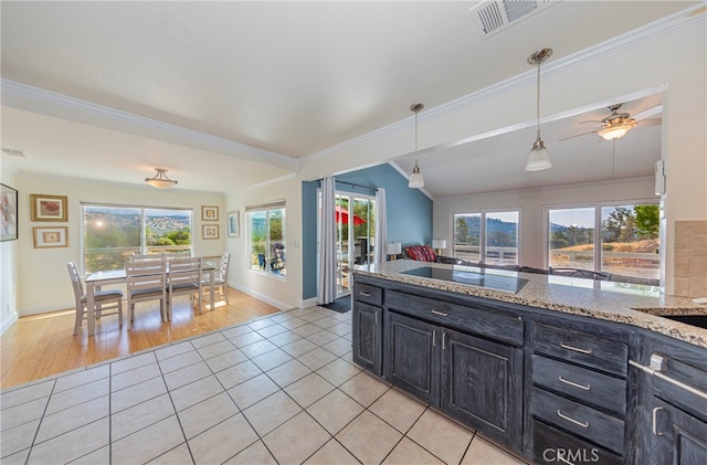 kitchen featuring black electric cooktop, light hardwood / wood-style flooring, pendant lighting, and a healthy amount of sunlight