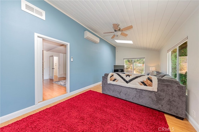 bedroom with wood ceiling, an AC wall unit, lofted ceiling, light hardwood / wood-style flooring, and ceiling fan