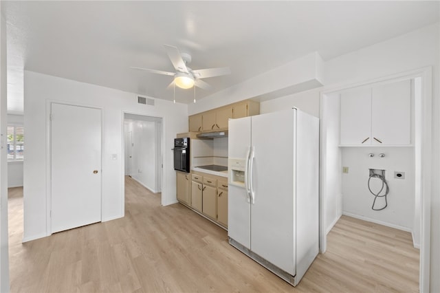 kitchen with black appliances, ceiling fan, and light wood-type flooring